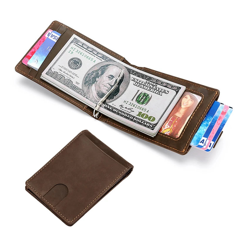 

Men Clip Wallet RFID Blocking Money Clip Crazy Horse Leather Metal Ultra Slim Male Cash Purse Minimalist Wallet