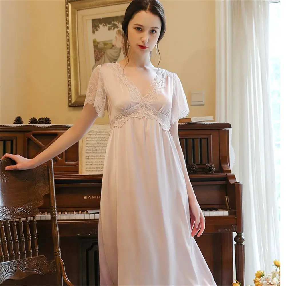 Женская ночная рубашка с глубоким v образным вырезом кружевная коротким рукавом