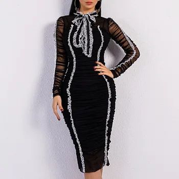 

Lace Sexy Cocktail Dresses Women Black Long Sleeves Sheer Mesh Patchwork 2020 Vestidos Bowtie Party Night Club Party Dress