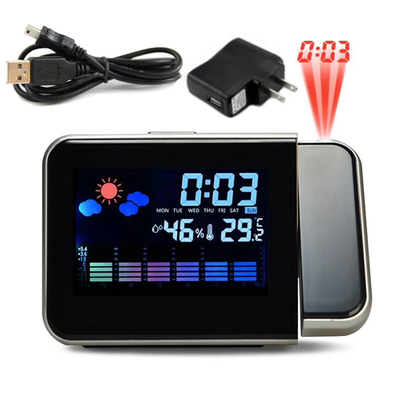 LED Digital Projection Alarm Clock Temperature Thermometer Desk Time Date Display Projector Calendar USB Charger Table Led Clock - Цвет: black with usb1