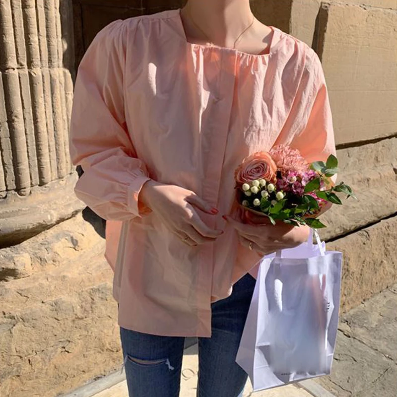 

Peach Pink Sweet Girl Blouse Square Neck Puff Sleeve Top Women Shirt Spring Autumn Chemise Femme Chemisier Blusa Mujer Camisa