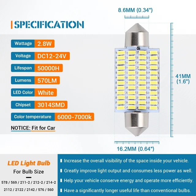 2x 6418 C5W 36MM Festoon LED License Plate Tag Light Bulb 6000K Bright  White EXA
