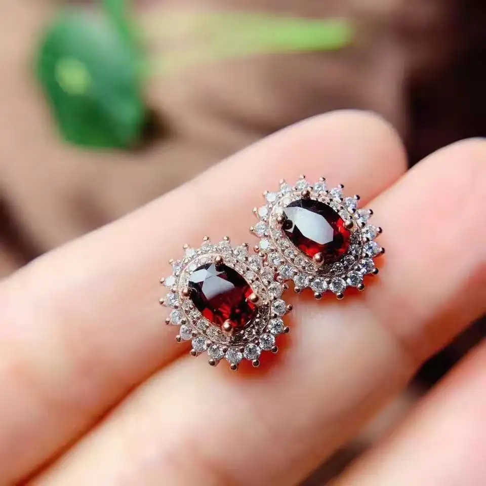 Rose gold earring Натуральный гранат S925 серебро Кольцо Серьги Кулон ожерелье набор модный и элегантный для женщин - Цвет камня: Rose gold earring