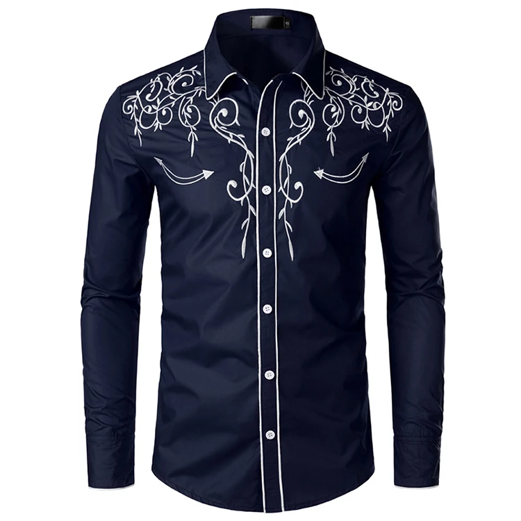 Мужская модная джинсовая рубашка в западном стиле, Мужская брендовая дизайнерская вышитая Тонкая Повседневная рубашка с длинным рукавом, мужская рубашка для свадебной вечеринки