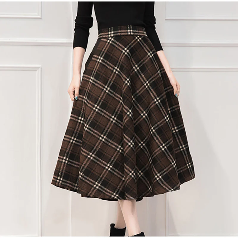 High Waist A Line Women Long Skirt Plus Size 4XL England Plaid Woolen Ladies Skirts Woolen Pleated Tartan Female Bottom