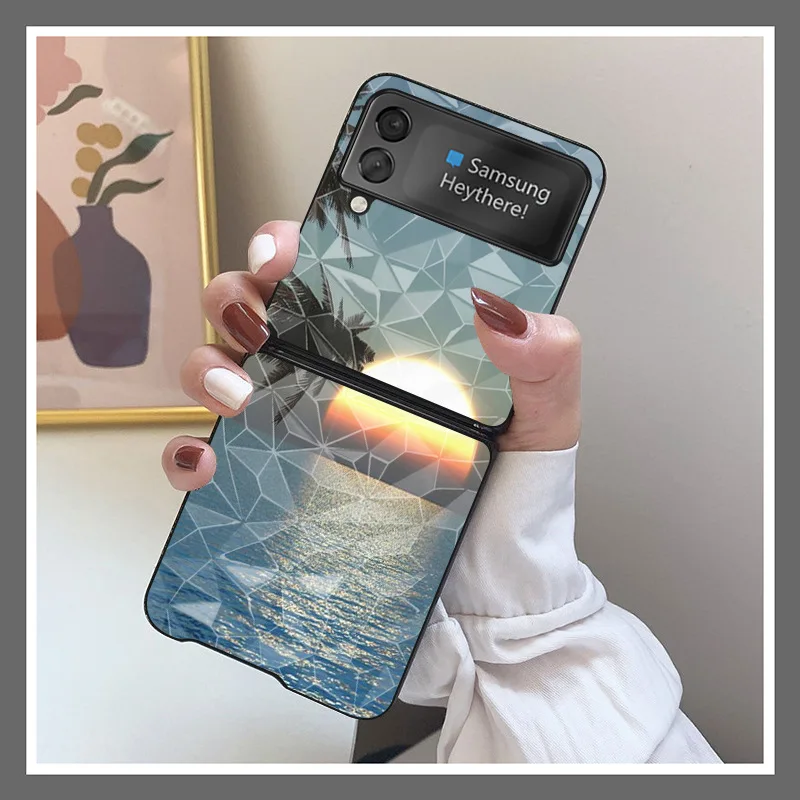 

Чехол для Galaxy ZFLIP3, корейский чехол с ромбовидным рисунком для Samsung Galaxy Z Flip 3, с морским пейзажем, флип-чехол