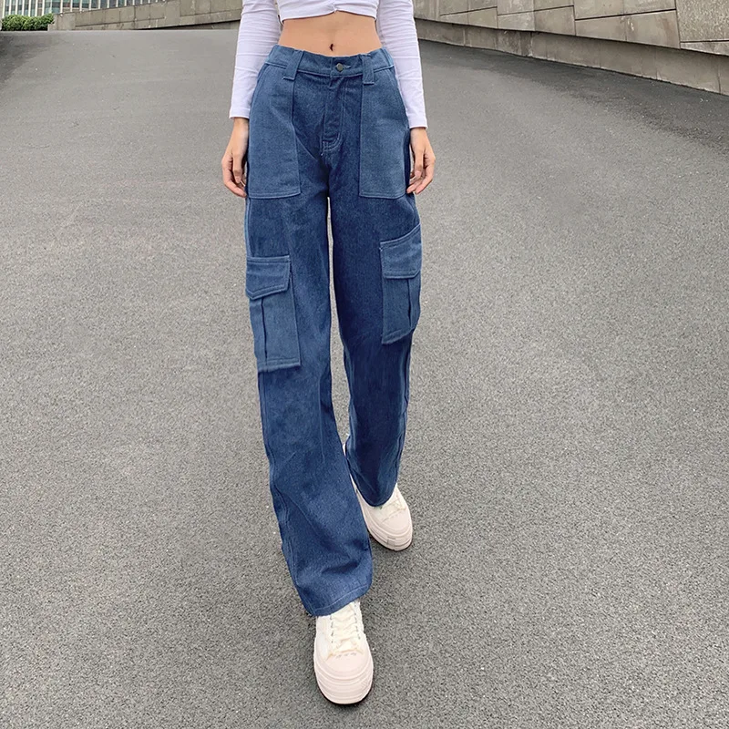 Wanita Lurus Kargo Celana Jeans Multi 