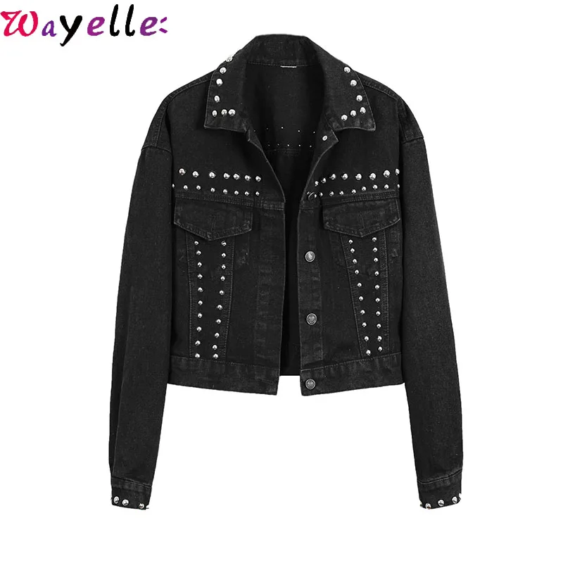 

Korean Style Studded Women Denim Jackets Autumn 2019 Hot Sales Black Lapel Single Breasted Women's Cool Girls Fall Jacket Coats