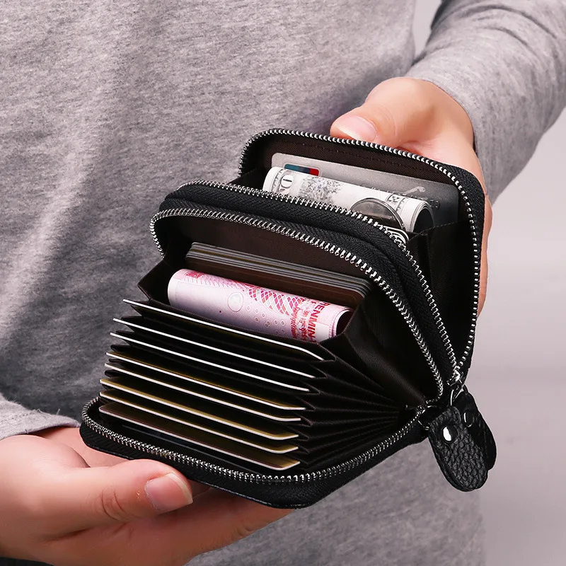 

Hot Selling First Layer Genuine Leather Card Bag Fashion for Men And Women Double Layer Zipper Card Holder RFID Antimagnetic Org