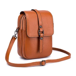 Women's Genuine Leather Small Shoulder Bag - Cute Crossbody Messenger with Double Zipper Pockets (Earth Yellow)