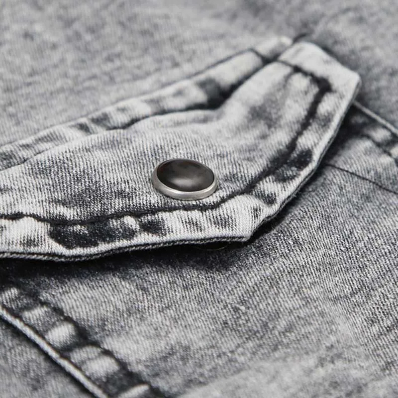 Men Casual Cotton Shirts Fashion Front Pockets Long Sleeves Jeans Shirts Male Brand Designer Black Grey (2)
