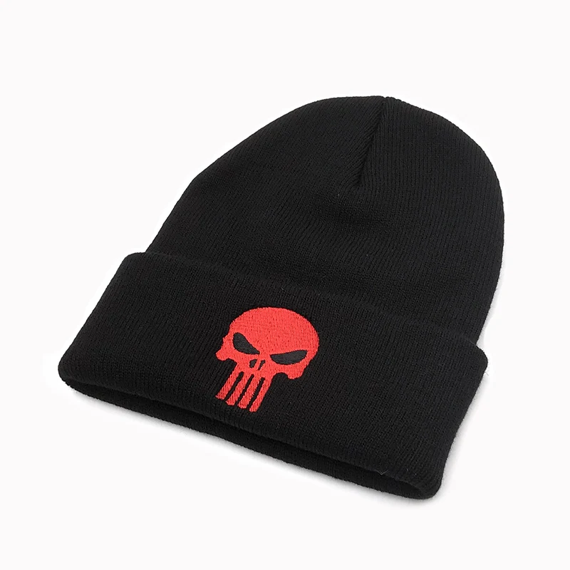 Зимняя теплая шапка с вышивкой в виде черных черепов, крутая мужская шапка в стиле Каратель, вязаная шапка для взрослых и подростков - Цвет: Красный
