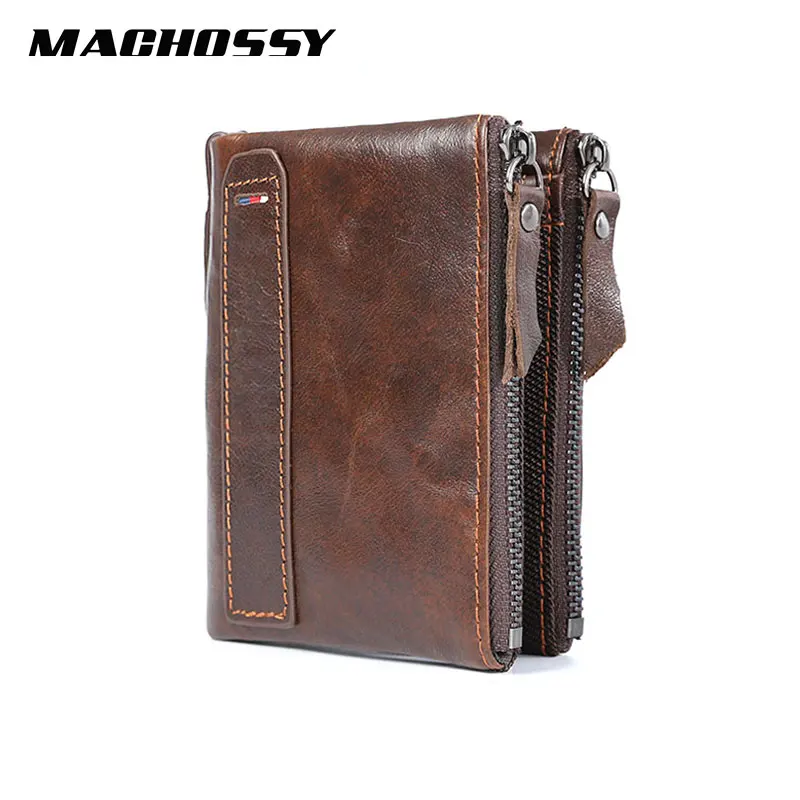 Pocket Wallet Coin-Purse RFID Genuine-Leather Mens Vintage Design Double-Zippers Brand