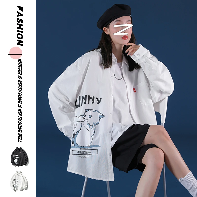 

Womens Long Sleeve Blouse and Button Up Shirts for Women Plus Size Fall Clothing Cat Printed Tops Oversized Casual Streetwear