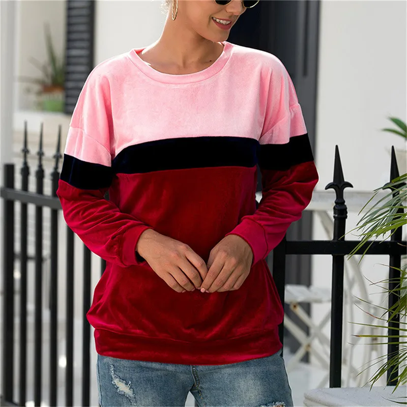 

Color Block Velvet Sweatshirt Women Patchwork Round Neck Fleece Hoodie Long Sleeve Womens Hoodies Sweatshirts Autumn Pullover