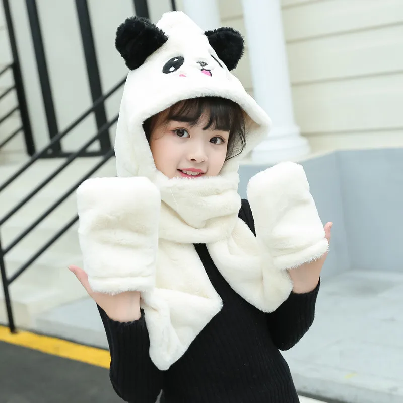 

Winter Panda Rabbit Animal Ear Hat Kids Girls Cap Cute Plush Faux Fur Hat Scarf Gloves One Three-piece For Children Party Gifts