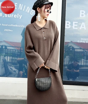 

Thick Warm Turn-Down Collar Sweater Dress Autumn Winter Button Party Dress Oversized Long Knit Women Maxi Straight Dress