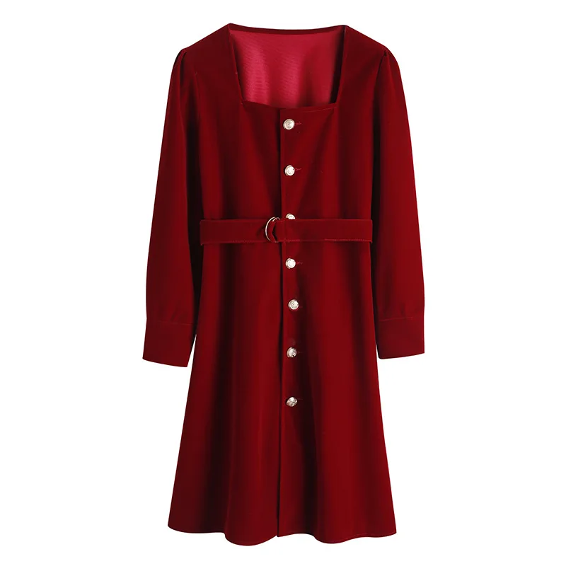 Velour Women A-line MINI Dress Soild Spring Autumn High Waist Single-breasted Belt Femme Mini Dresses Party Long Sleeve Clothes