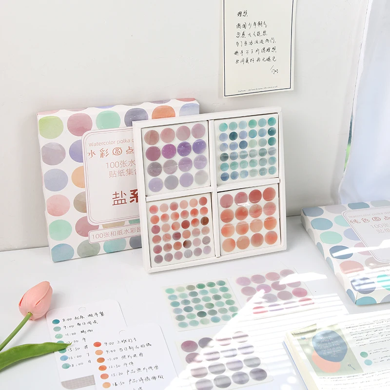 Watercolor Polka Dot Sticker Bullet Journaling Accessories Scrapbooking DIY Color Label Washi Sticker Stationery 100 Sheets