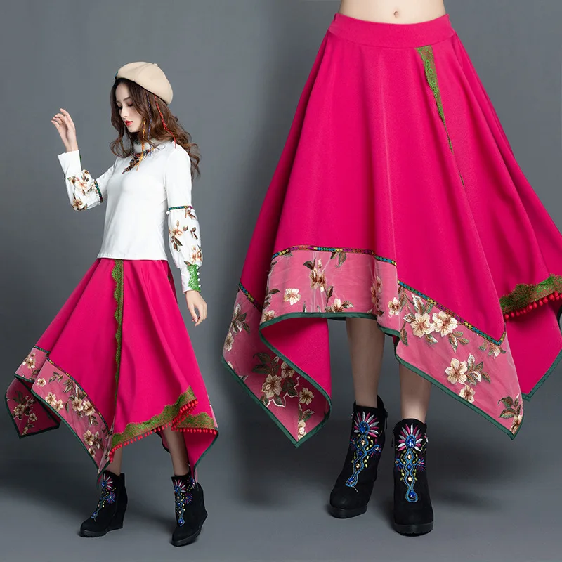 

2019 Photo Shoot Spring And Summer New Style Retro National Wind Embroidery Skirt Slim Fit Big Hemline Slimming Medium-length Dr