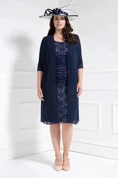 Navy Blue Mother Of The Bride Dresses Sheath Knee Length Lace With Jacket Plus Size Short Groom Mother Dresses For Wedding