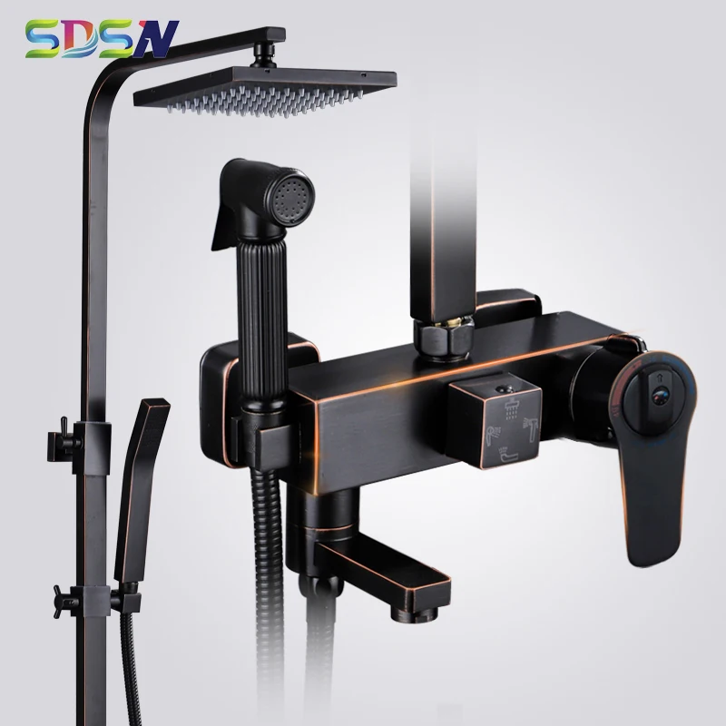 

Black Bronze Shower Set SDSN Thermostatic Black Bronze Bathroom Shower System Rainfall Shower Head Brass Faucet Bathtub Faucets