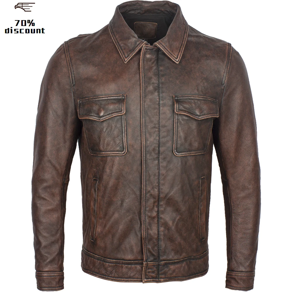 

2020 Vintage Brown Men American Casual Style Leather Jacket Plus Size XXXXL Genuine Cowhide Autumn Slim Fit Leather Coat