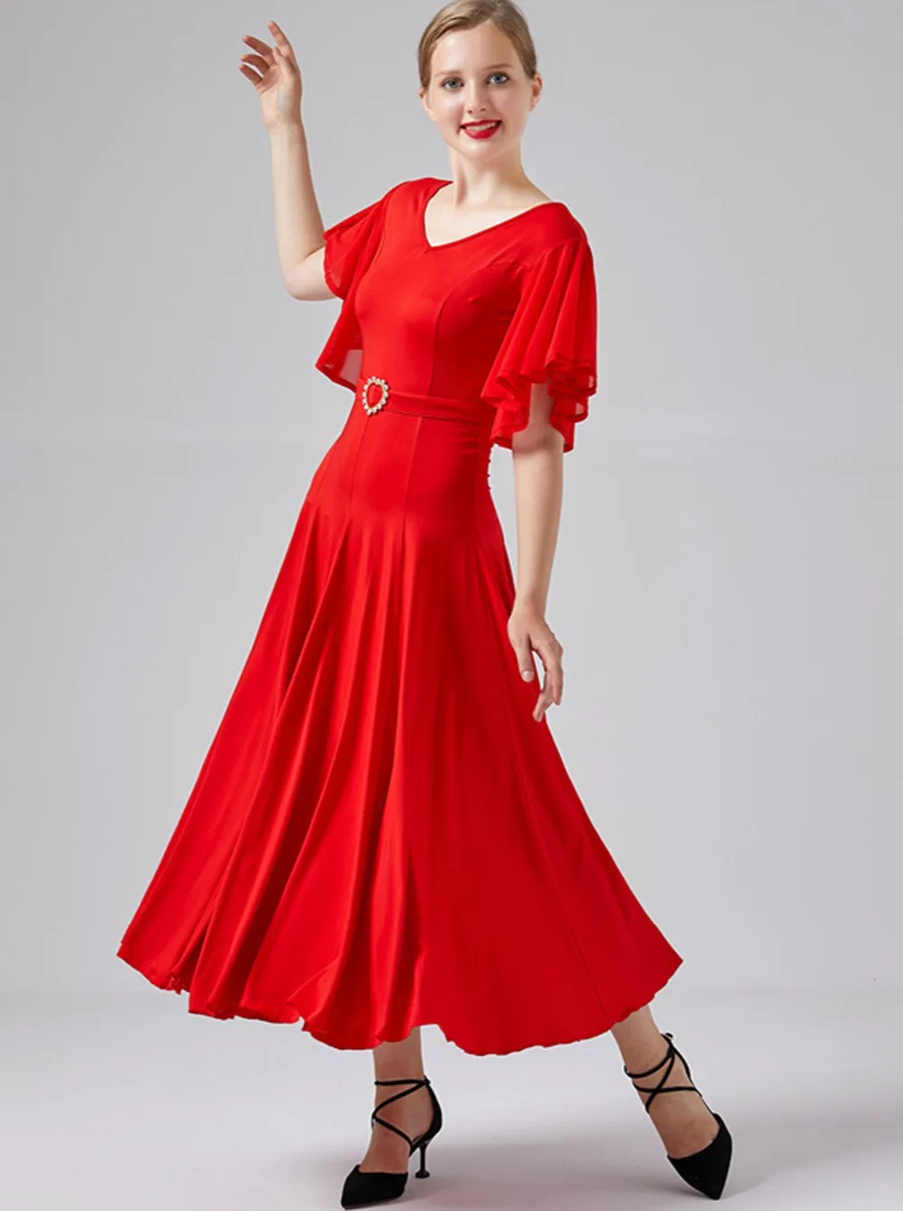 Бальное платье для современного танца фламенко Вальс с оборками и v-образным вырезом, стандартный тренировочный костюм
