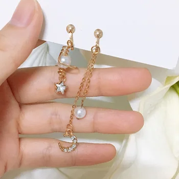 

2019 Fashion Korean Fashion Ear Clip Sweet Student Xingyue Pearl Long Asymmetrical Crystal Earrings Women's Wholesale