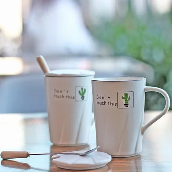 

Nordic Creative Cactus Ceramic Mug Simple Coffee Cup with Lid Scoop Large Capacity Household Breakfast Juice Mugs Office Teacups