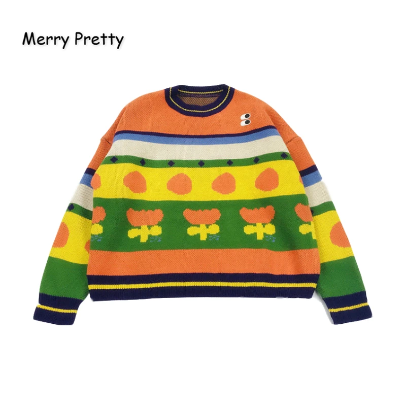 MERRY PRETTY женские вязаные свитера с цветочной вышивкой зимние теплые жаккардовые вязаные пуловеры с длинным рукавом и круглым вырезом