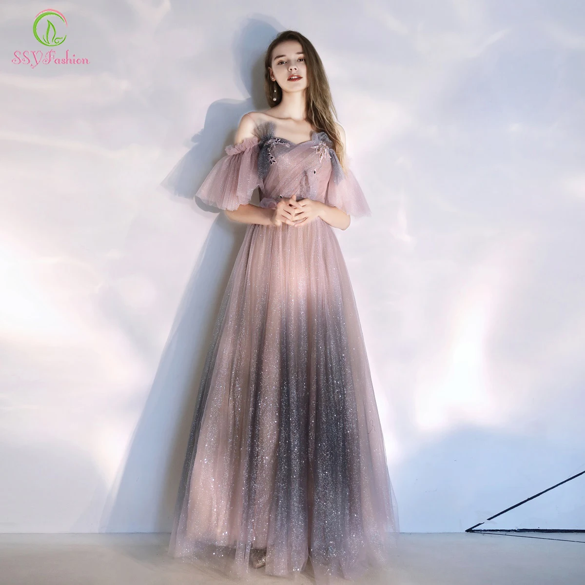 SSYFashion новые милые градиент розовое вечернее платье кружевные буффы на рукавах аппликации Бисер длинное платье для вечеринки, официального приема Vestidos De Noche