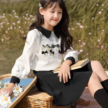 

2 Piece Sweet Princess Autumn Sweatshirts Suit For Girls Long Sleeve Turn Down Collar Embroidery Tops Casual Skirts For Girl