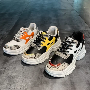 

Autumn Vulcanized Shoes Lace Up Chunky Sneakers Women Shoes Woman Snake Print Mixed Color Casual Shoes Ladies Flats Plus Size 42