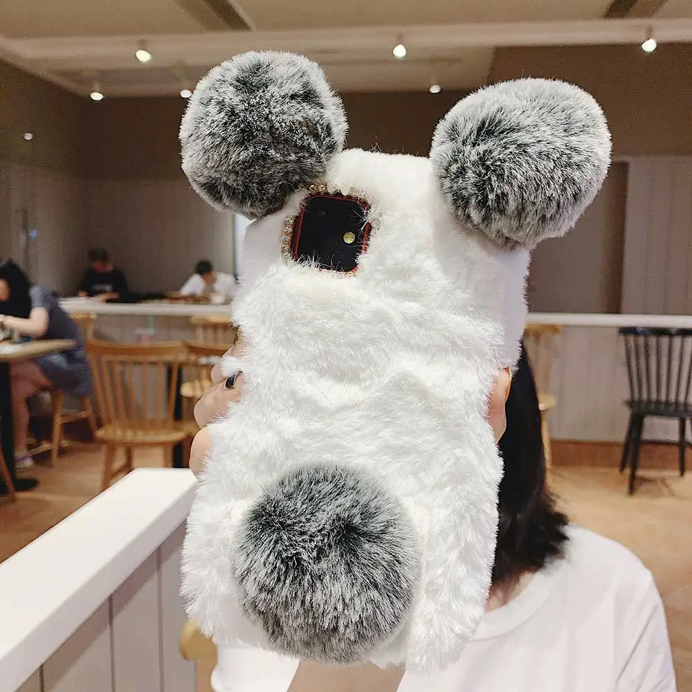 panda white gray Милый чехол с рисунком панды для телефона iPhone 11 Pro XR XS Max X 6 6s 7 8 Plus Xs роскошные пушистые силиконовые чехлы для девочек подарок - Цвет: panda white gray
