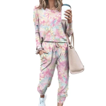

Printing Women Homewear Two Piece Sets Round Collar Long Sleeve Tops Pokets Drawstring Long Pants Comfortable Sleepsuits