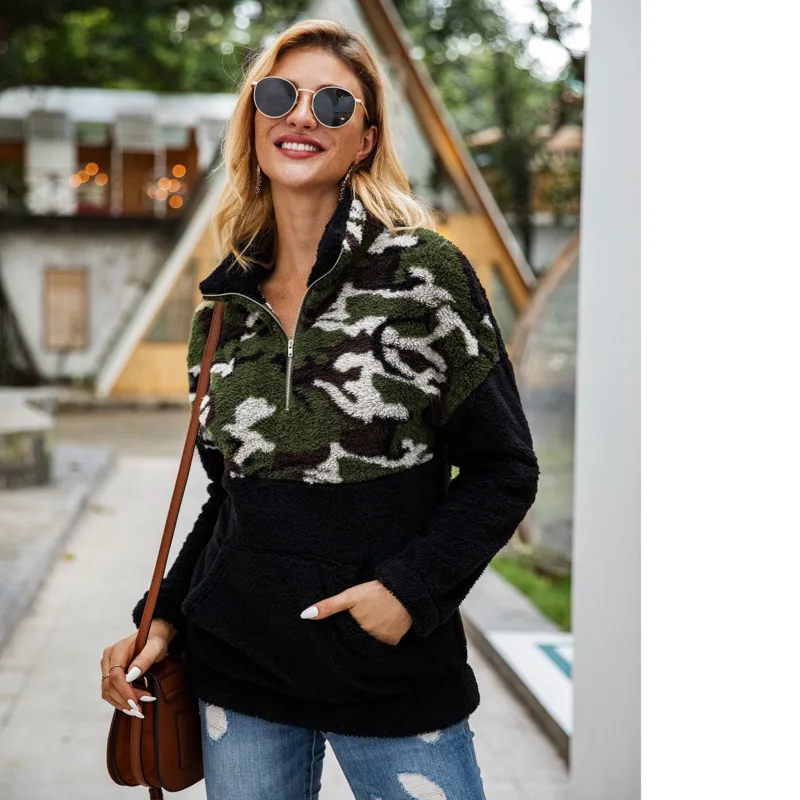

2019 Leopard Print Camouflage Pocket Zipper Women fleece Sweatshirt DG*