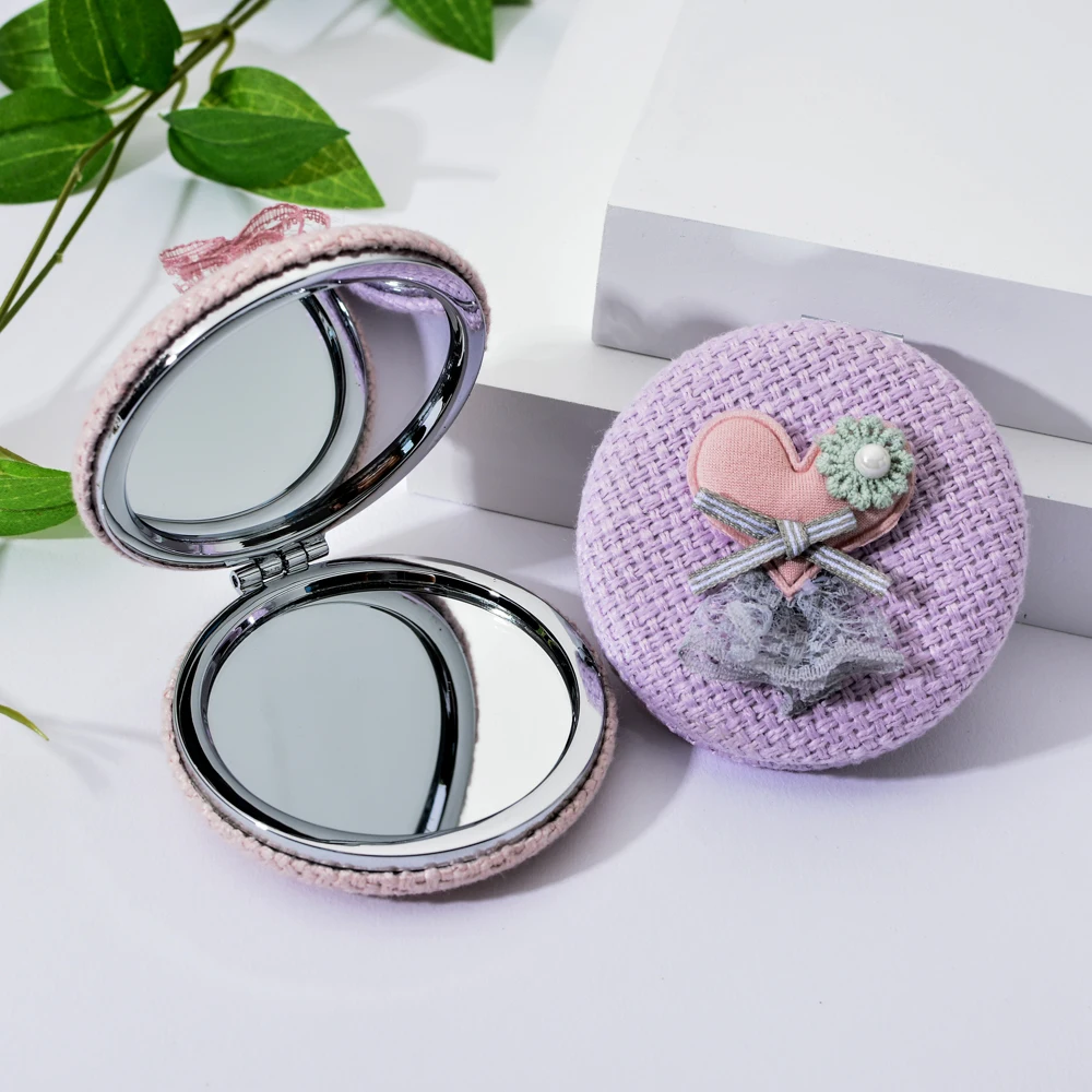 Linen Cloth Makeup Mirror for Women Round Pocket Folding Mirrors Small