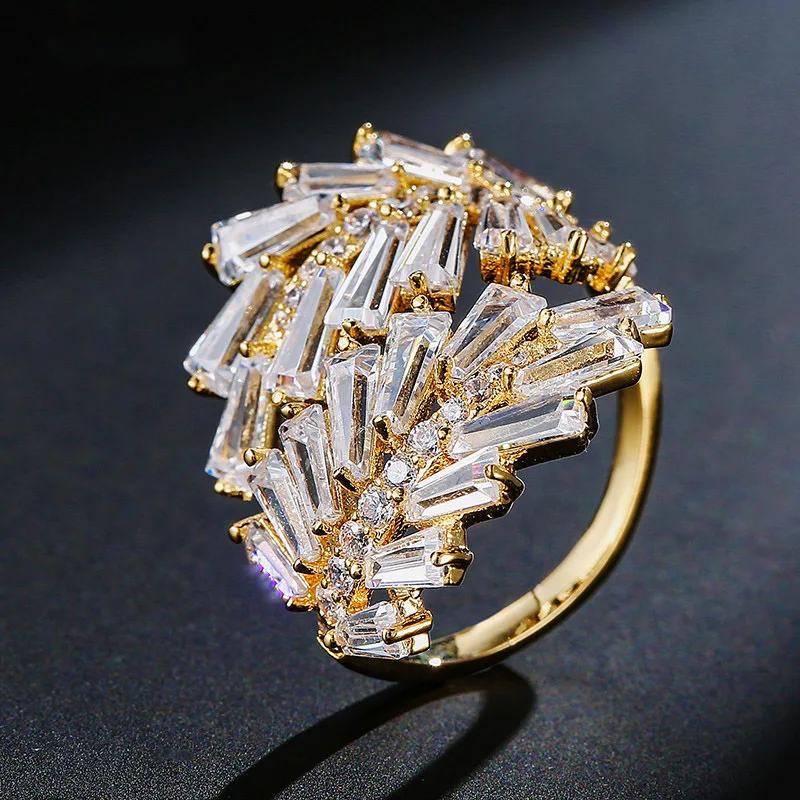 

High Quality Cubic Zircon Open Rings New Fashion Charm Iced Out 3 Color Fashion Crystal Leaf Jewelry for Women Girl Gifts