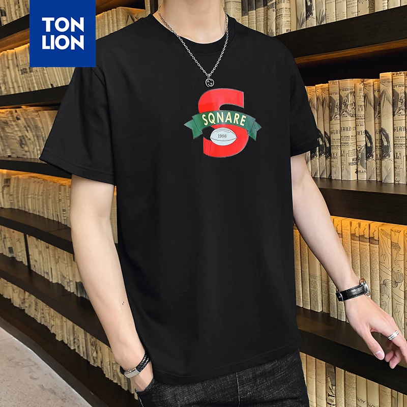 

TONLION Cute Letter Deco Tshirts Men Round Neck Basic Teeshirts for Man Youth Students Japan Style T-shirt Short Sleeve Summer