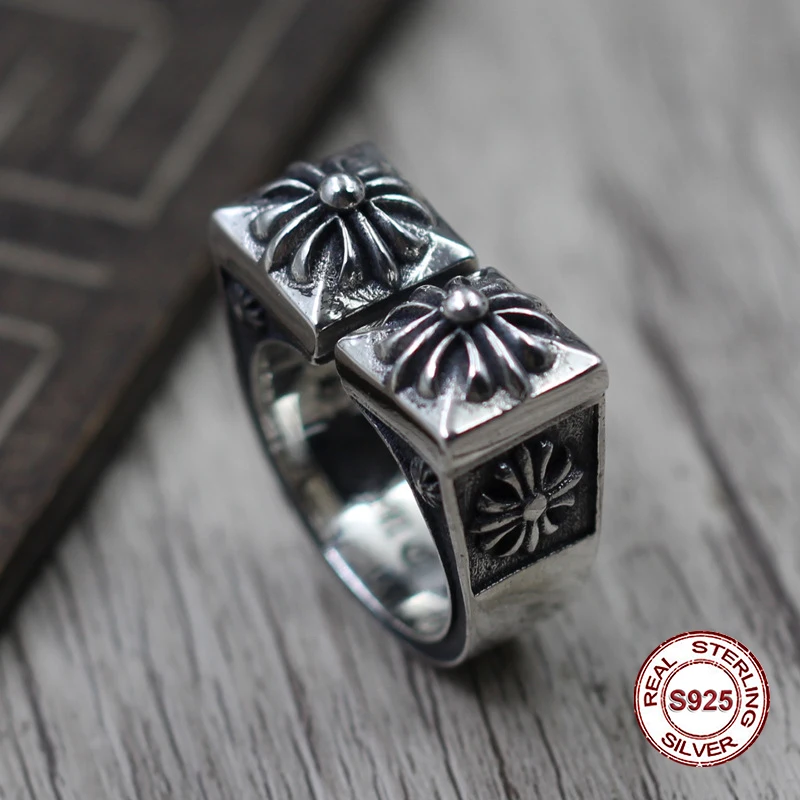 

S925 Men's Sterling Silver Rings Personality retro classic punk style U-shaped cross flower Open ring Send a gift to love