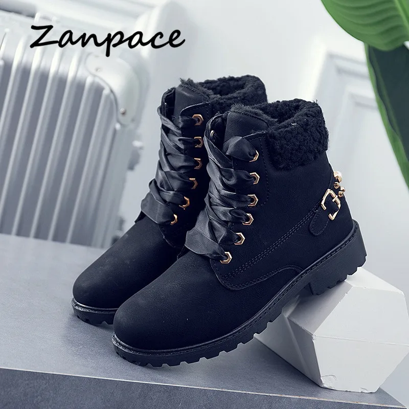 ZANPCE/зимние ботинки; Модные женские кожаные зимние ботинки; теплые плюшевые мужские ботильоны на плоской подошве; обувь на шнуровке; большой размер 43