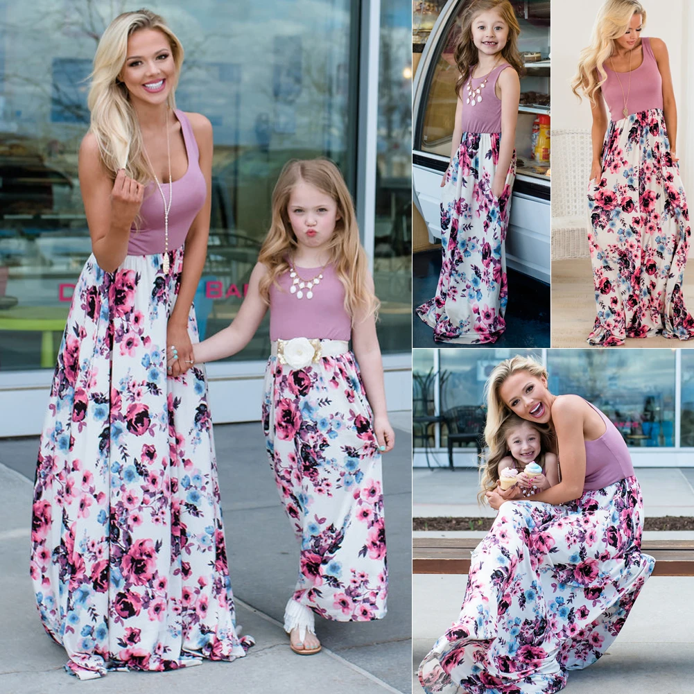 Для женщин платье для девочки и мамы; Семья Boho Длинное свободное платье размера плюс пляжного отдыха Повседневное летнее платье без рукавов с цветочным узором в стиле пэчворк; Открытое платье без рукавов