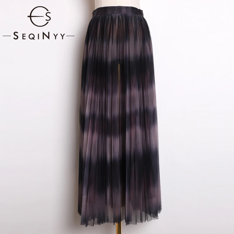 

SEQINYY Silk Skirt 2020 Summer Spring New Fashion Design Gradient Color Print Pleat Long Mesh Skirt