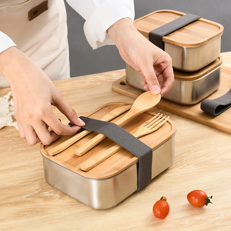 Stainless steel Lunch Box with wood Cover tableware Japanese Bento for School Kids Office Portable Food Container | Дом и сад