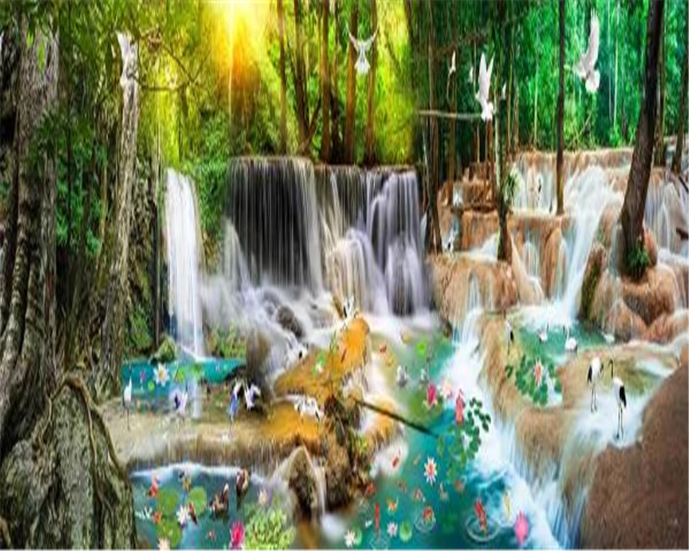 Недорогие на заказ весь дом 3d шелковые обои красивый лес водопад пейзаж гостиная спальня украшения обои