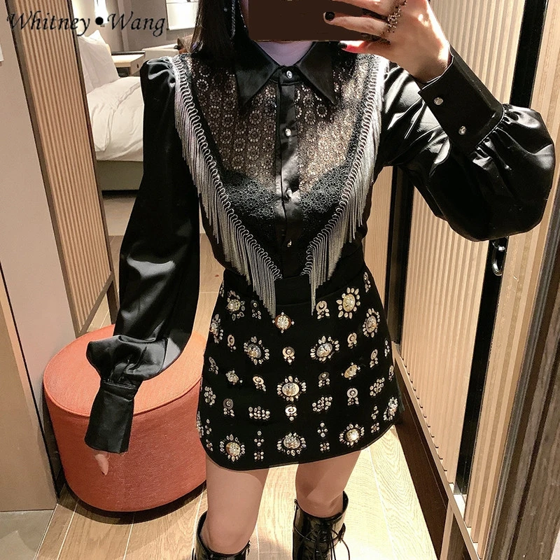 WHITNEY WANG Blouses 2020 Spring Fashion Hollow Out Lace Patchwork Beading Tassel Blouse Women Blusas Office Lady Shirt Top | Женская