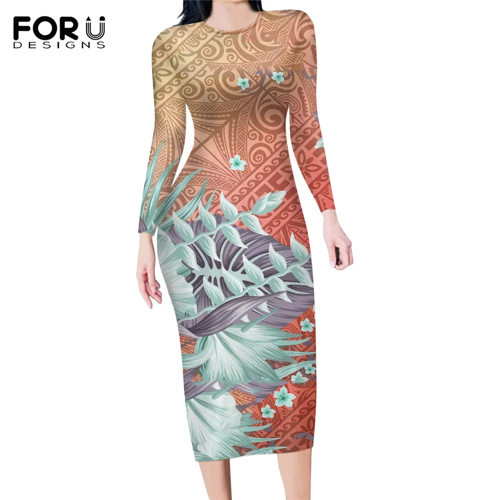 

FORUDESIGNS New Arrival Polynesian Hawaii Plumeria Print Women Long Sleeve Party Slim Pencil Dress Office Stretchy Bodycon Dress