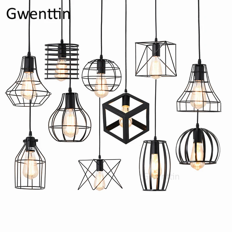 Vintage Black Iron Cage Pendant Lights Modern Led Hanging ...