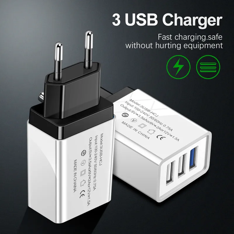 EU/US штекер 3 порта USB зарядное устройство для телефона настенный адаптер зарядное устройство Быстрая зарядка для iPhone x Xiaomi samsung huawei type c Micro USB кабель